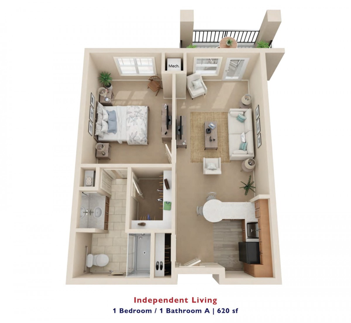 A 3D floor plan of a one-bedroom, one-bathroom apartment designed for independent living.