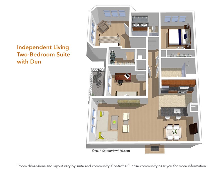 A 3D floor plan of an independent living two-bedroom suite with a den.