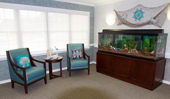 A cozy living room with an aquarium, two chairs, and a small table near the window.