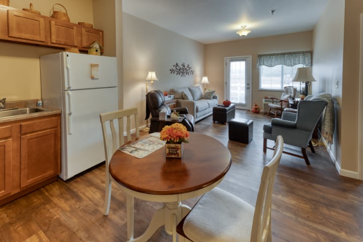 Cozy living space with an open dining area and kitchen.
