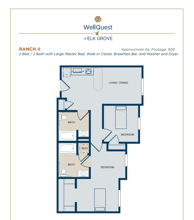 A residential floor plan for a two-bedroom, two-bathroom unit, featuring a patio and walk-in closet.