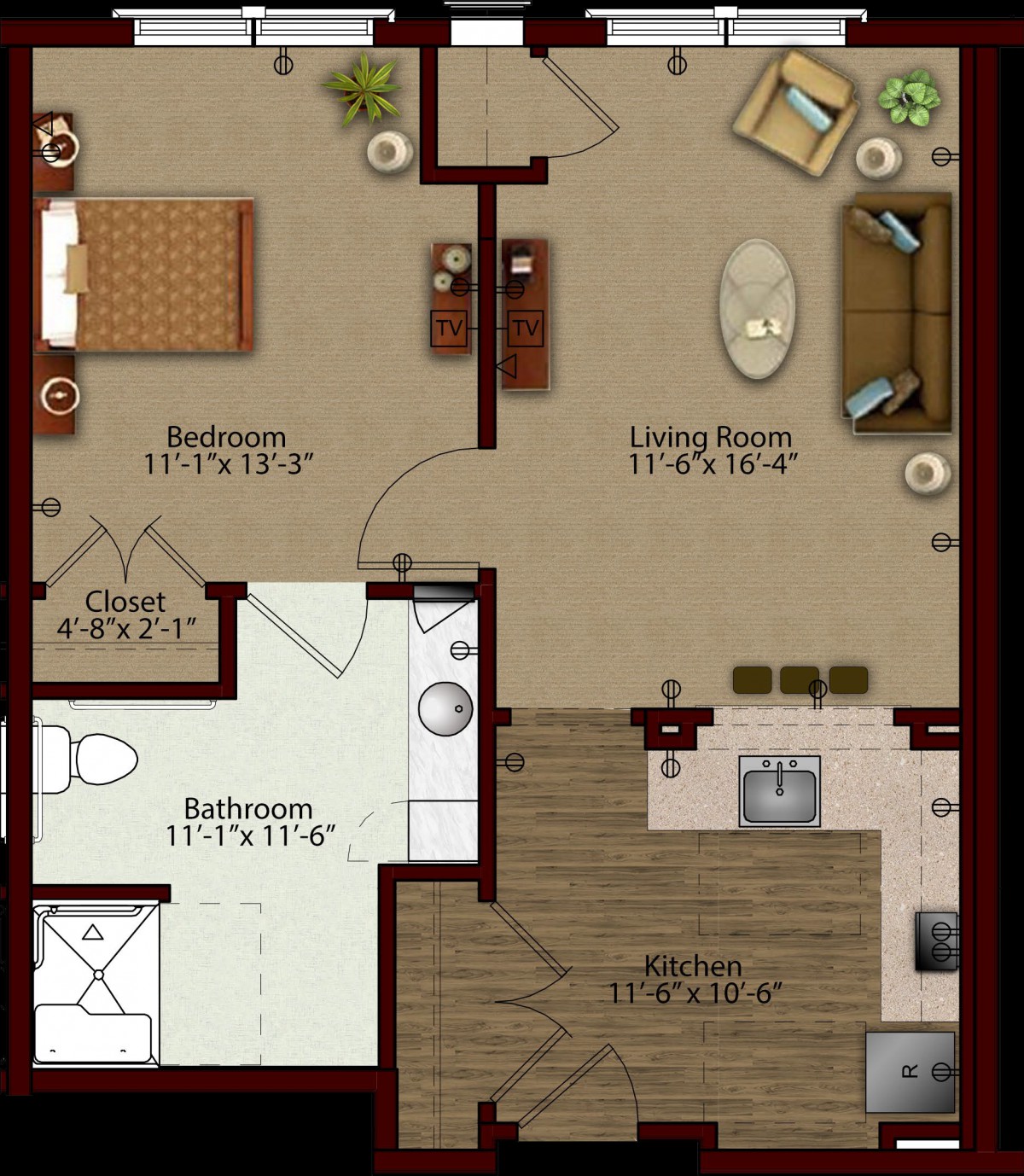 A floor plan of a one-bedroom apartment featuring a kitchen, living room, bathroom, and bedroom.