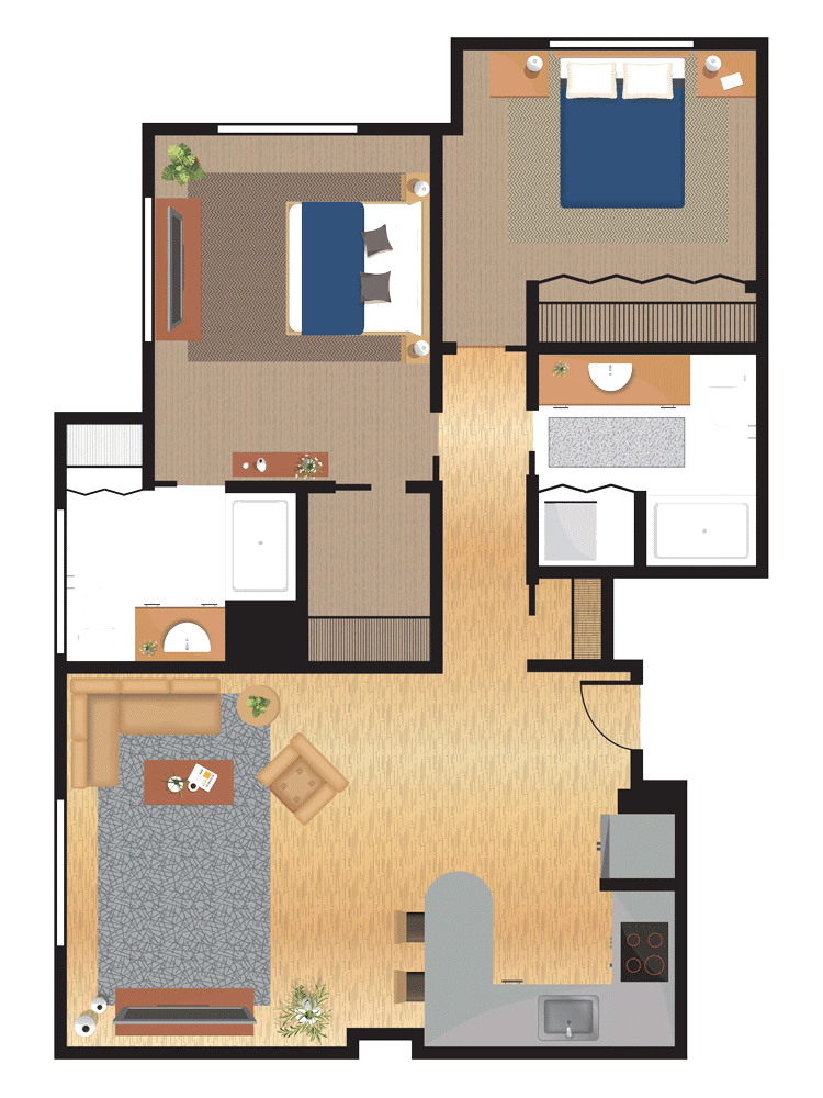 A detailed floor plan of a two-bedroom apartment featuring a living room, kitchen, and two bathrooms.