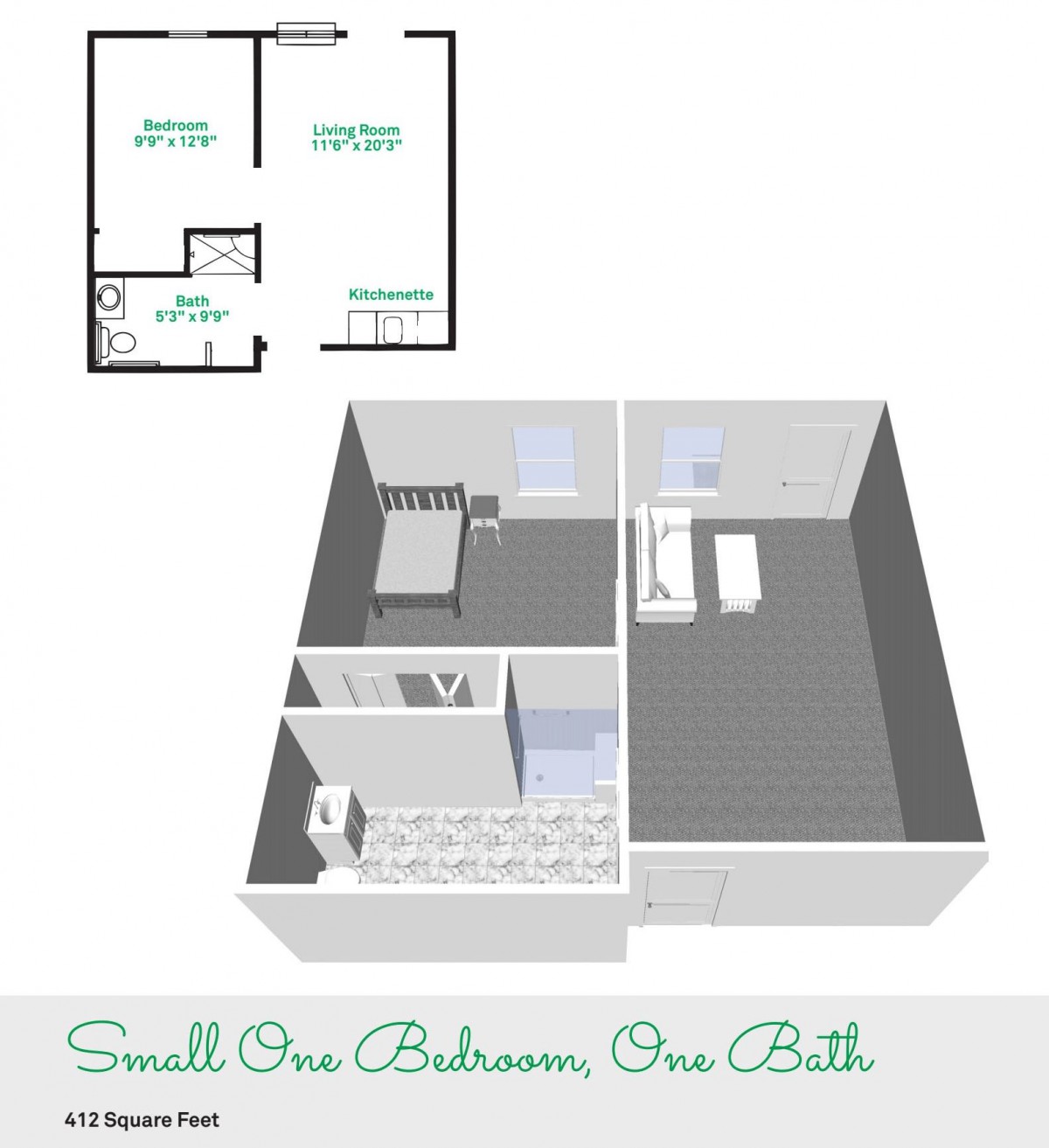 3D floor plan of a small one-bedroom, one-bath apartment.