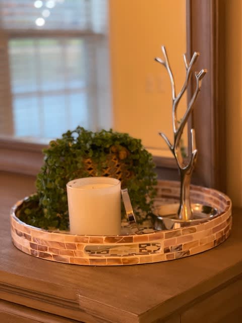 A stylish decorative tray featuring a candle, a potted plant, and a metal ornament.