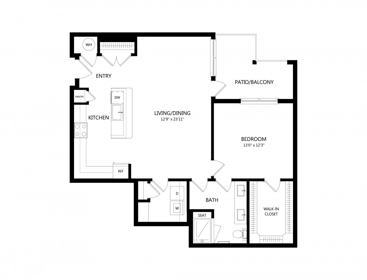 A floor plan of a one-bedroom apartment featuring a living room, kitchen, and bathroom.