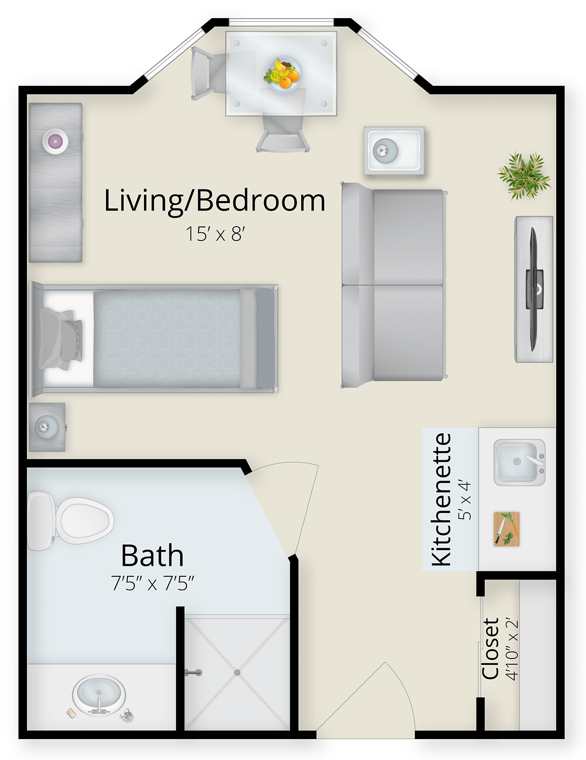 Studio apartment floor plan with living/bedroom, kitchenette, and bathroom.