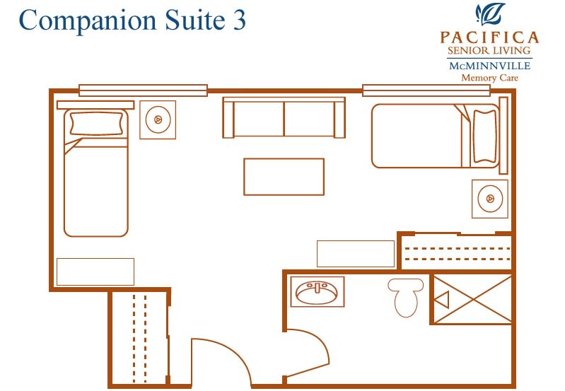 Floor plan of a Companion Suite with furniture arrangement and room layout.