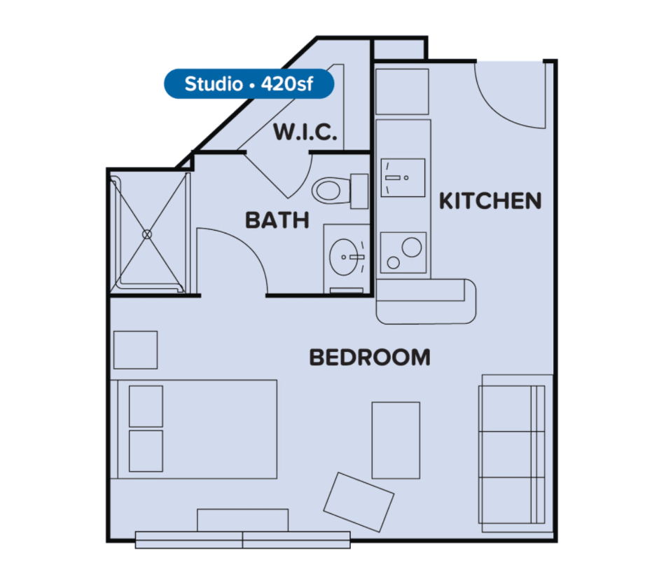 A floor plan of a 420 square foot studio apartment, featuring a bedroom, kitchen, and bathroom.
