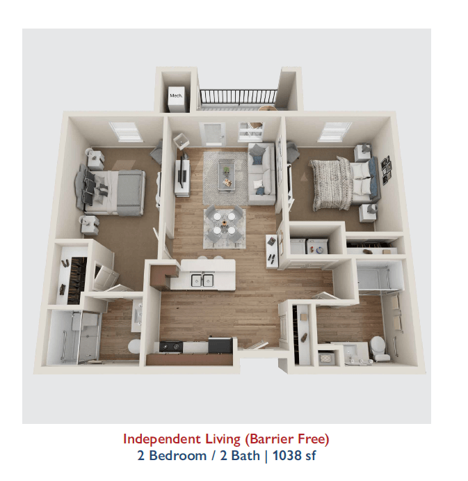 A floor plan for independent living featuring a barrier-free design with 2 bedrooms and 2 bathrooms, covering an area of 1038 sq ft.