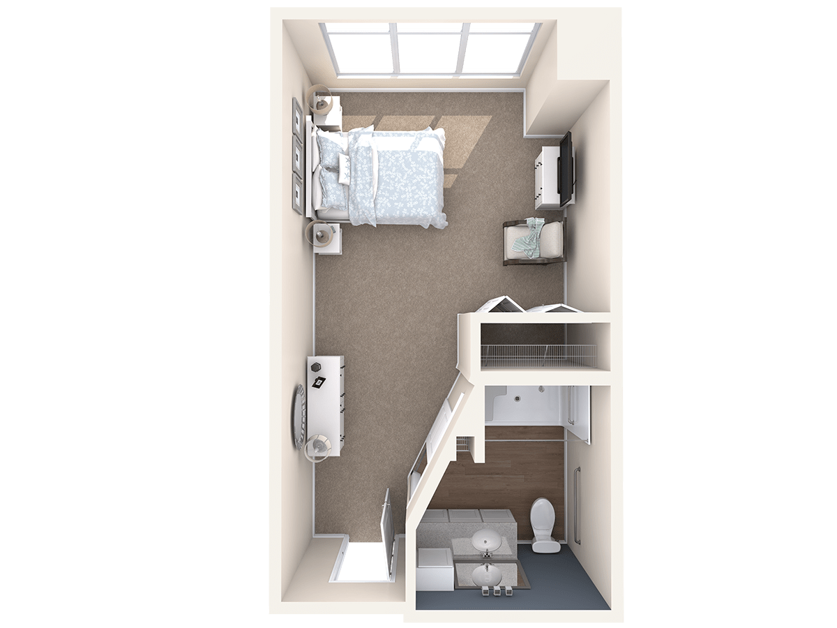 A compact apartment floor plan featuring a bedroom with an adjacent bathroom and closet.
