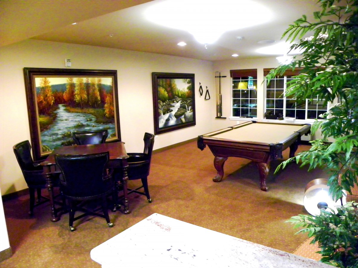 A well-lit game room featuring a pool table and artwork on the walls.