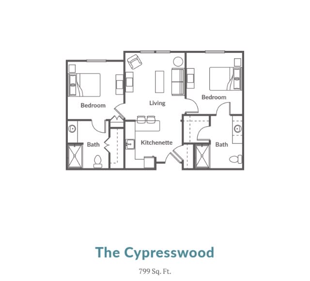 Floor plan of The Cypresswood apartment, measuring 984 sq. ft.