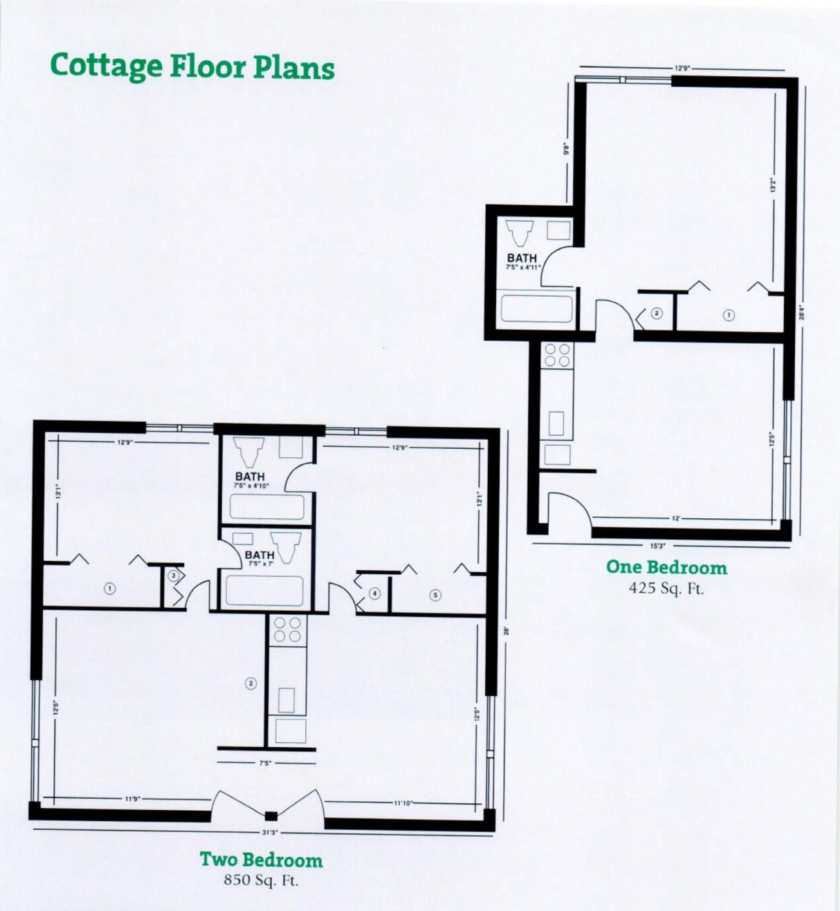 Cottage floor plan showing a two-bedroom layout and a studio apartment.