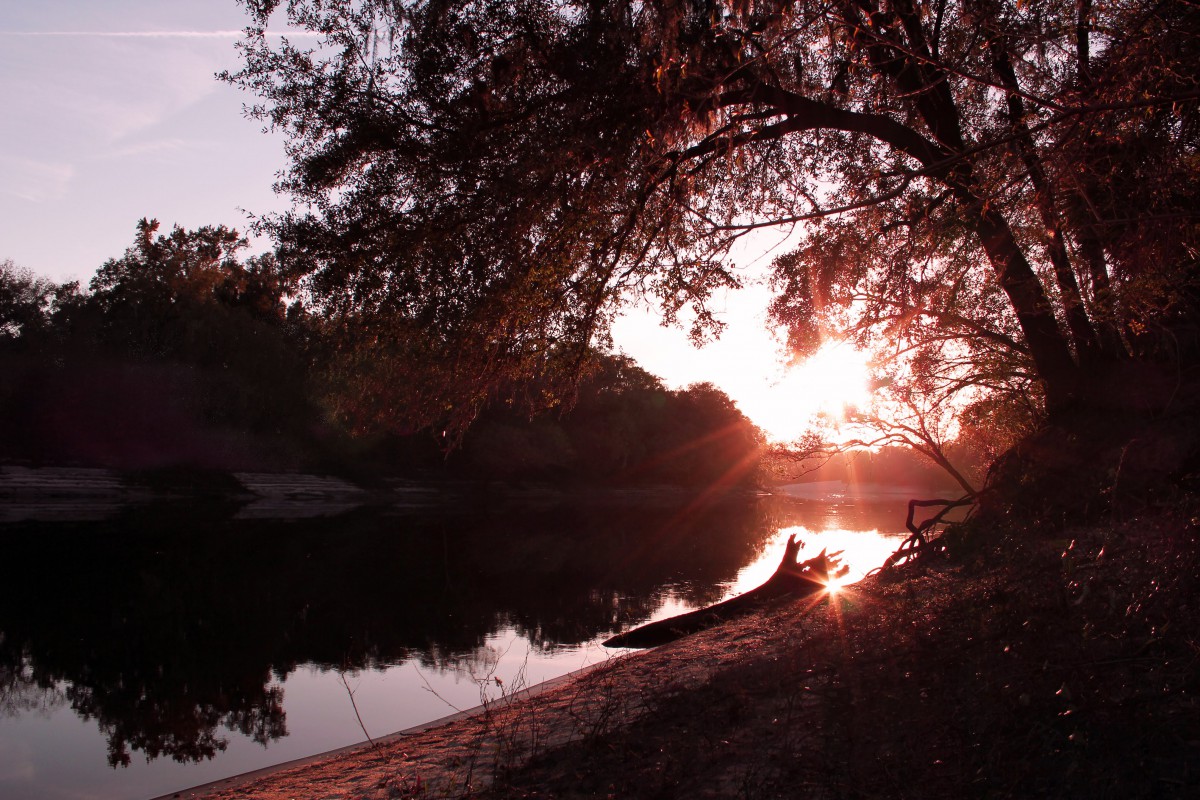 A serene sunset over a river, with a canoe silhouetted under a tree.