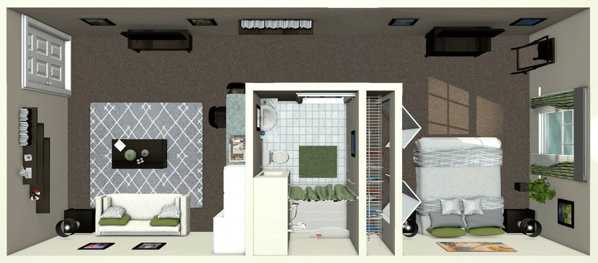 A 3D rendering of a modern industrial-style apartment layout showcasing interior design elements.