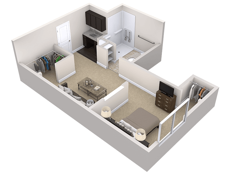 A 3D rendering of a modern one-bedroom apartment featuring an open-plan kitchen and living area.