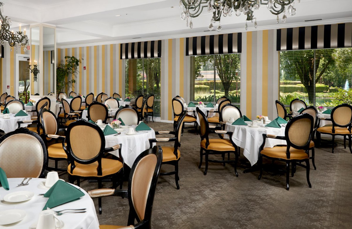 An elegant dining area with neatly arranged tables and chairs, featuring classic decor and a chandelier.