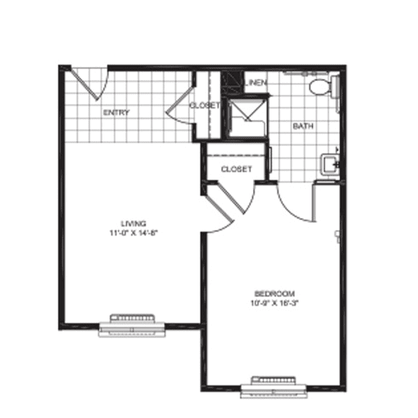 A floor plan of a one-bedroom apartment featuring a living area, kitchen, bathroom, and closet.
