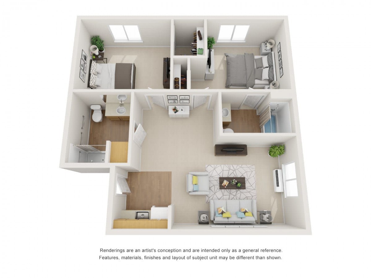 A 3D floor plan depicting a modern apartment with a spacious living area, two bedrooms, and a bathroom.