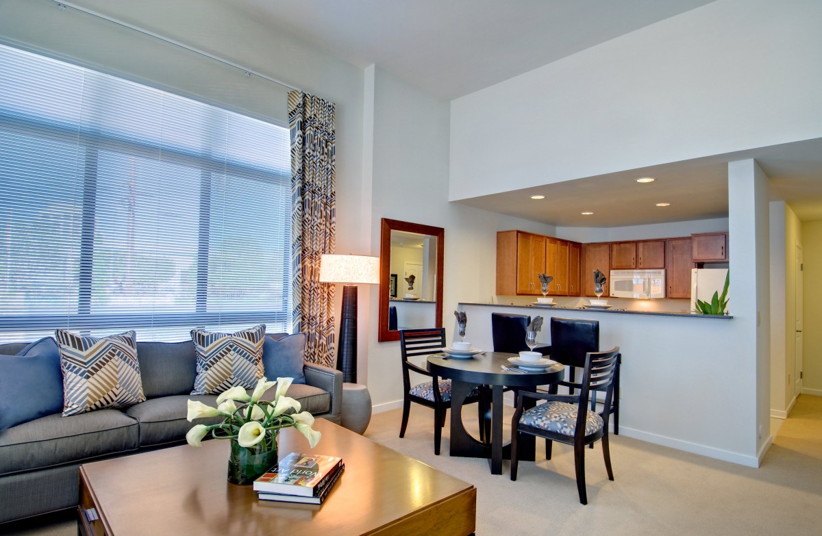 A modern apartment interior featuring a cozy living room, a dining area, and an open kitchen with ample natural light.