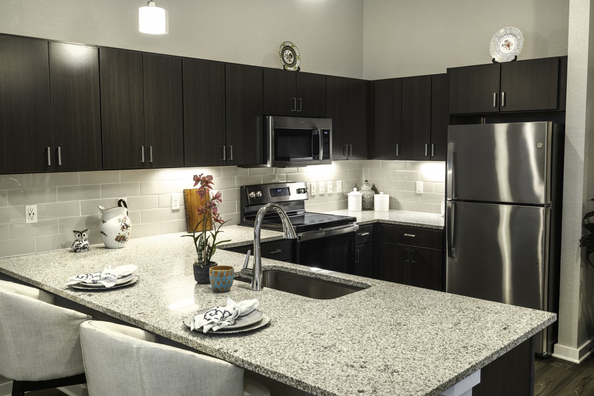 A modern kitchen featuring dark cabinets and stainless steel appliances with a granite countertop.