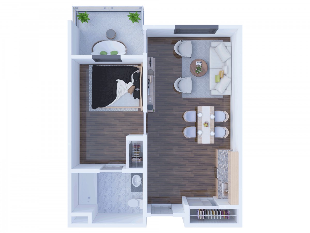 A top-down view of a modern 1-bedroom apartment floor plan.