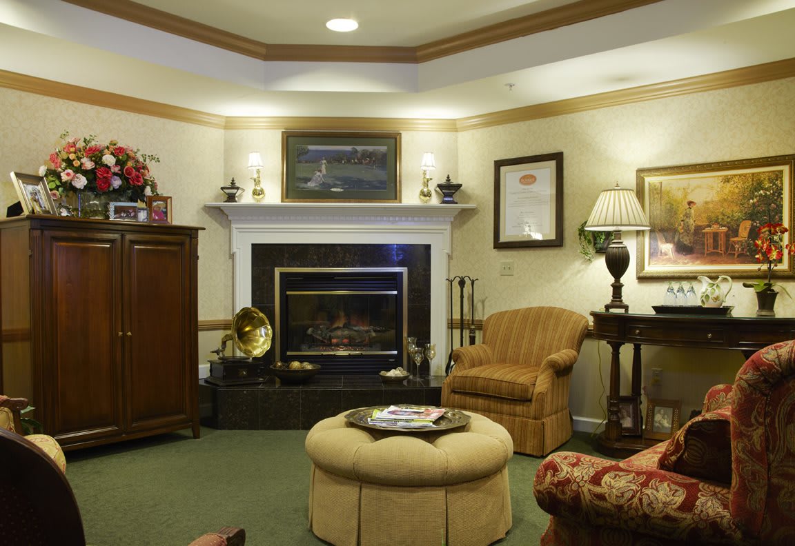 A cozy living room with a fireplace, comfortable seating, and elegant decor.