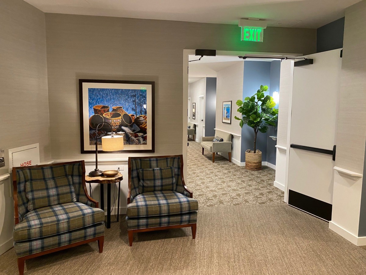 A cozy hallway with upholstered chairs, artwork on the wall, and decorative plants.