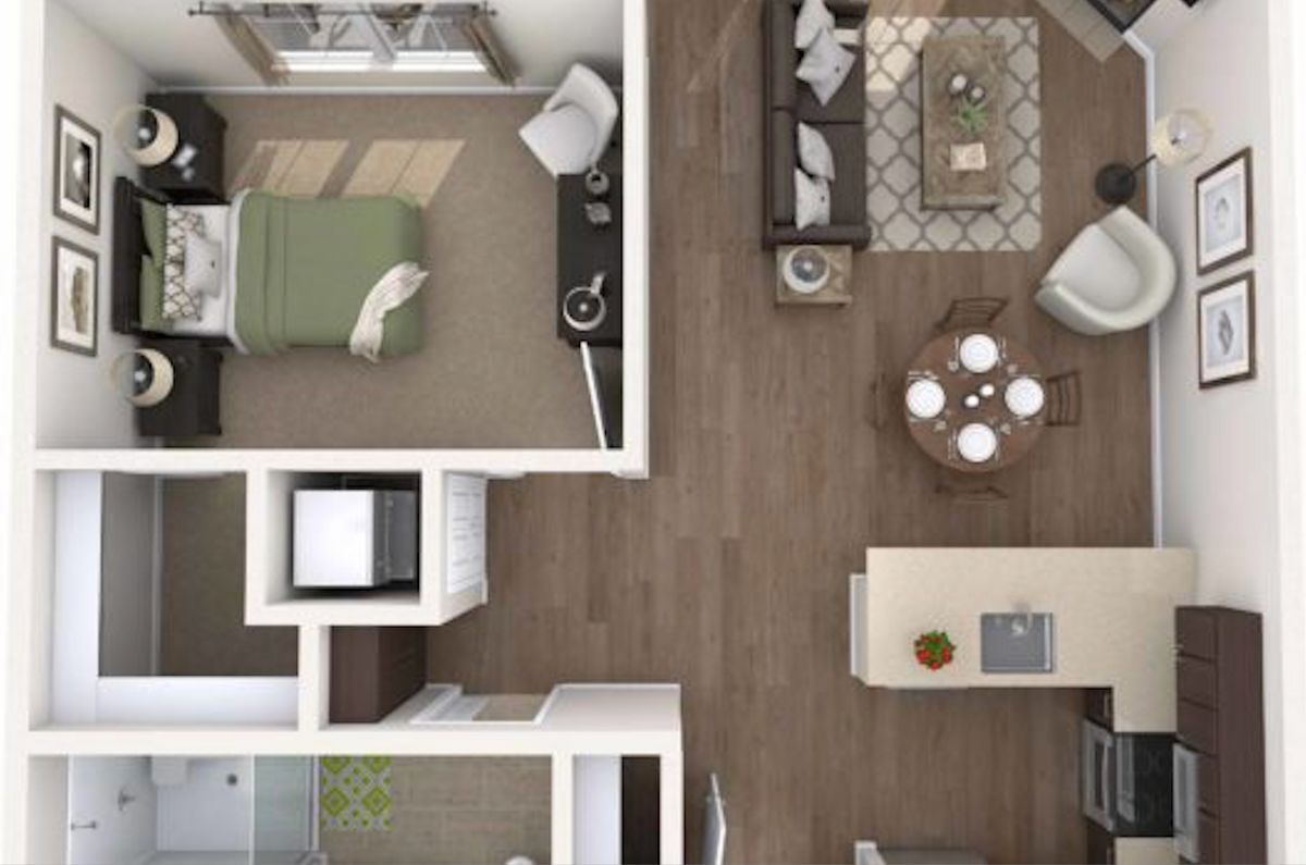 A 3D rendering of a modern apartment floor plan featuring a living area, bedroom, and kitchen.