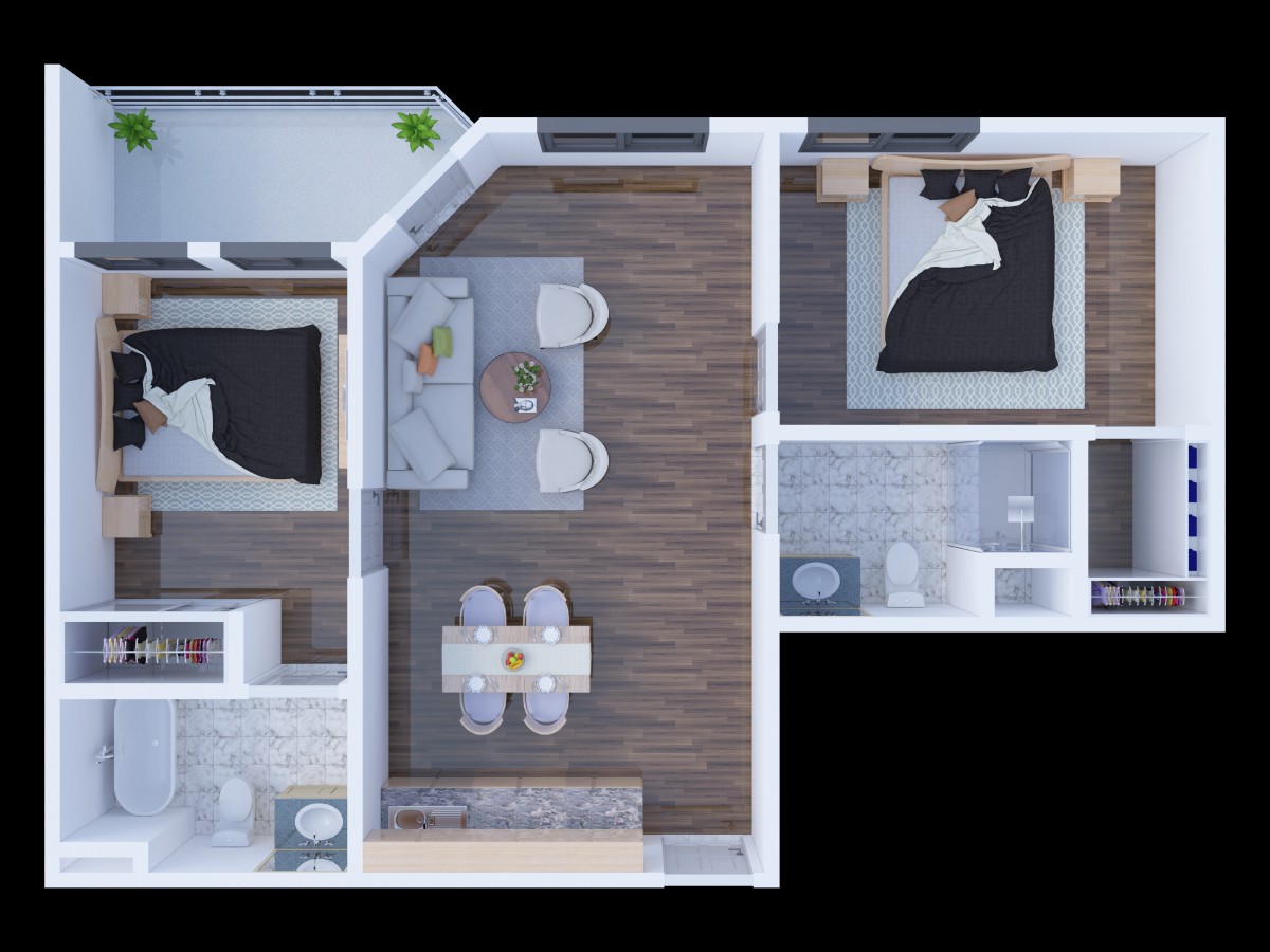 A top-down view of a modern two-bedroom apartment floor plan with a living room, kitchen, and bathroom.