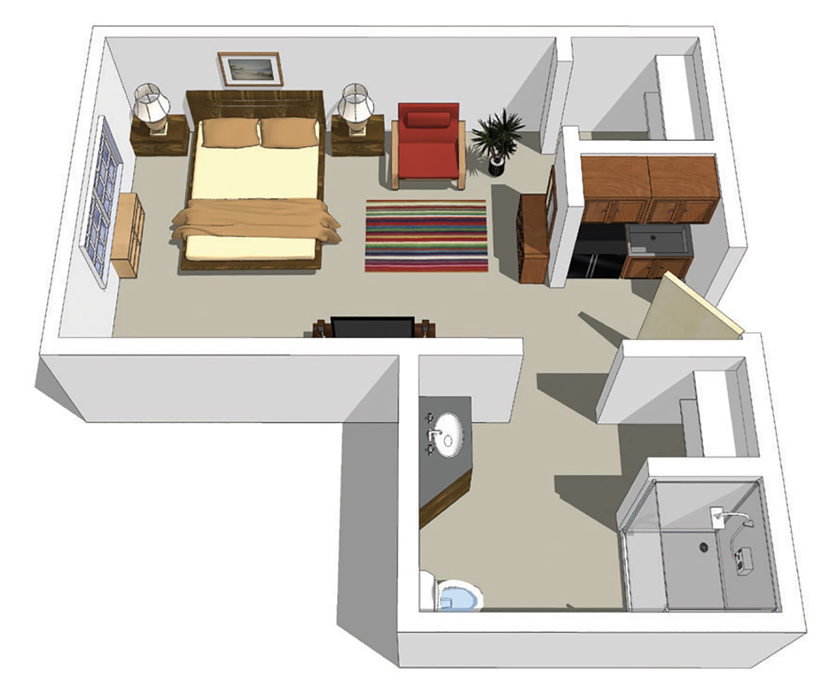 3D floor plan of a bedroom with furniture and connected bathroom.