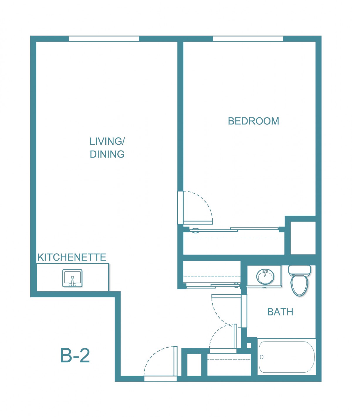 A floor plan of a one-bedroom apartment featuring a living/dining area, kitchen, and bathroom.