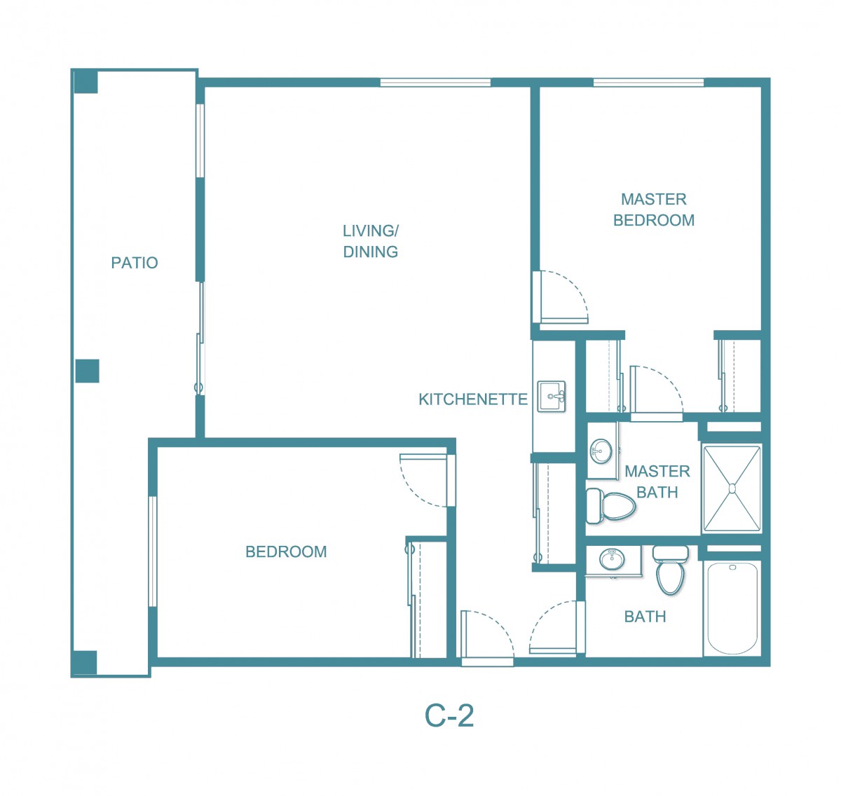 A floor plan of an apartment featuring a living/dining area, master bedroom, second bedroom, kitchen, bathroom, and balcony.