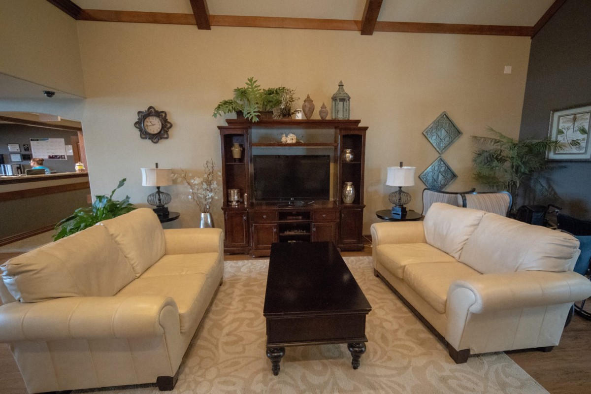 A cozy living room with two sofas facing each other across a dark wooden coffee table, an entertainment center in the background, and tasteful decor accents.