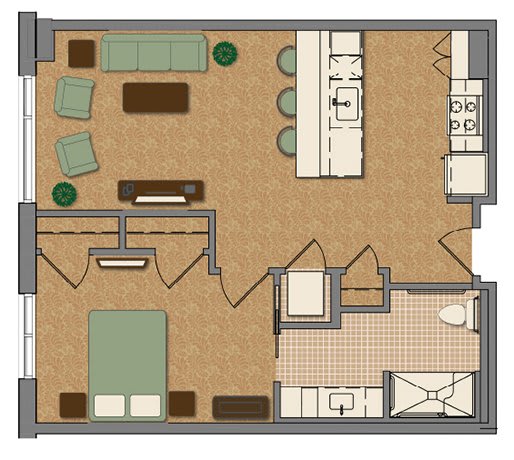 This image shows a floor plan of a one-bedroom apartment with an open living room and kitchen area, separate bedroom, and bathroom.