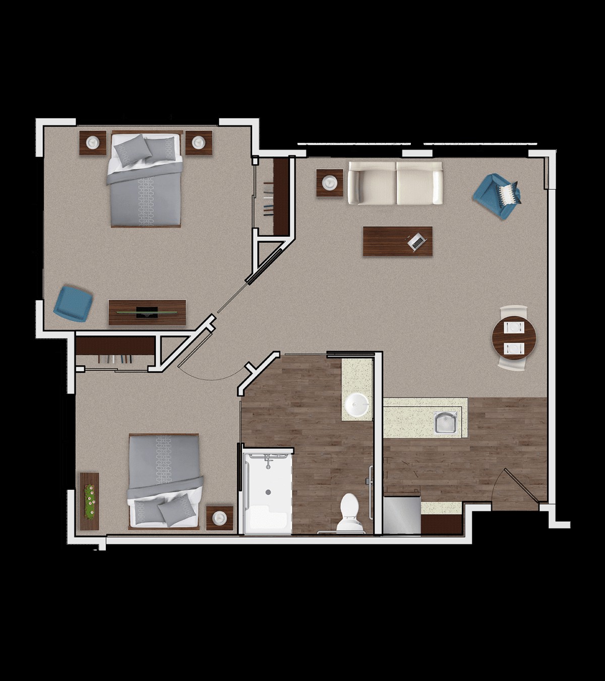 A two-bedroom apartment floor plan featuring a living room, kitchen, and bathroom.