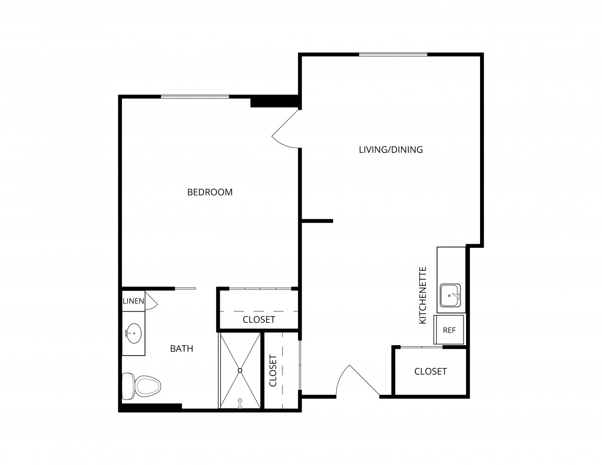 A simple one-bedroom apartment floor plan featuring a living room, kitchen, bathroom, and closet.