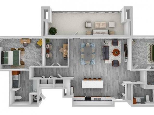 A 3D floor plan of a modern apartment featuring an open living area, two bedrooms, and a kitchen.