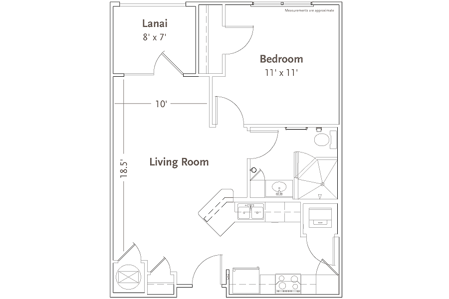 A floor plan of an apartment showing a living room, bedroom, bathroom, kitchen, and lanai.