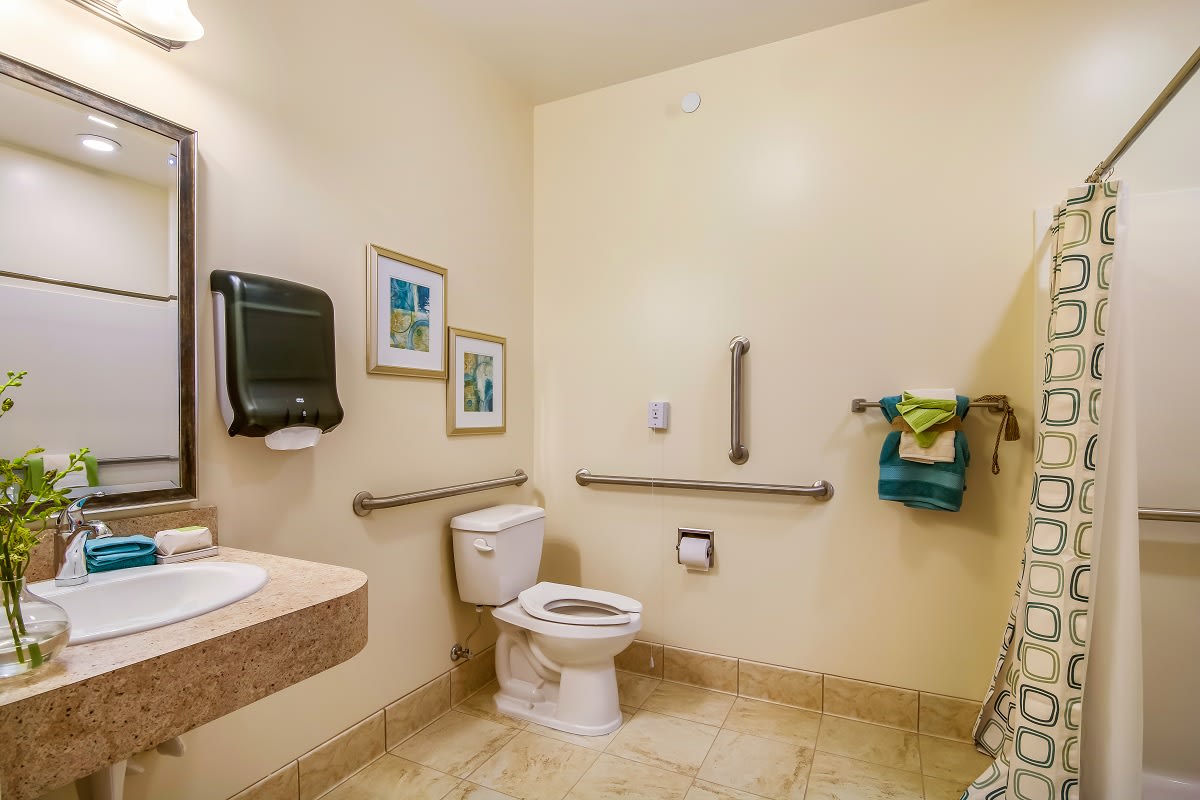 An accessible bathroom featuring a toilet, sink, and handrails for support.
