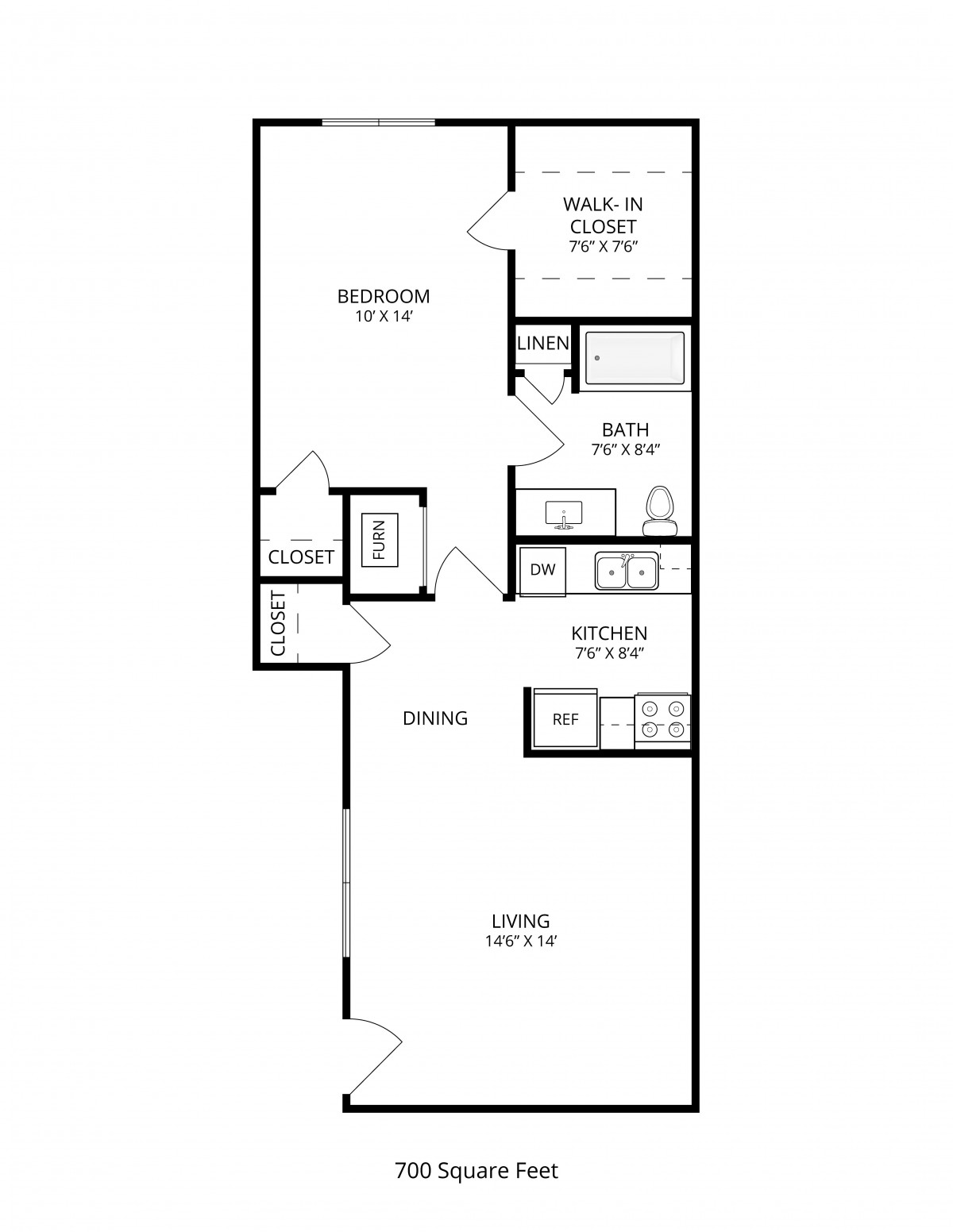 A floor plan of a one-bedroom apartment featuring a living room, kitchen, bathroom, walk-in closet, and bedroom.