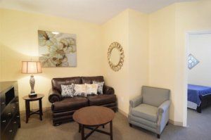 A cozy living room with a leather sofa, armchair, wooden coffee table, and decorative wall art.