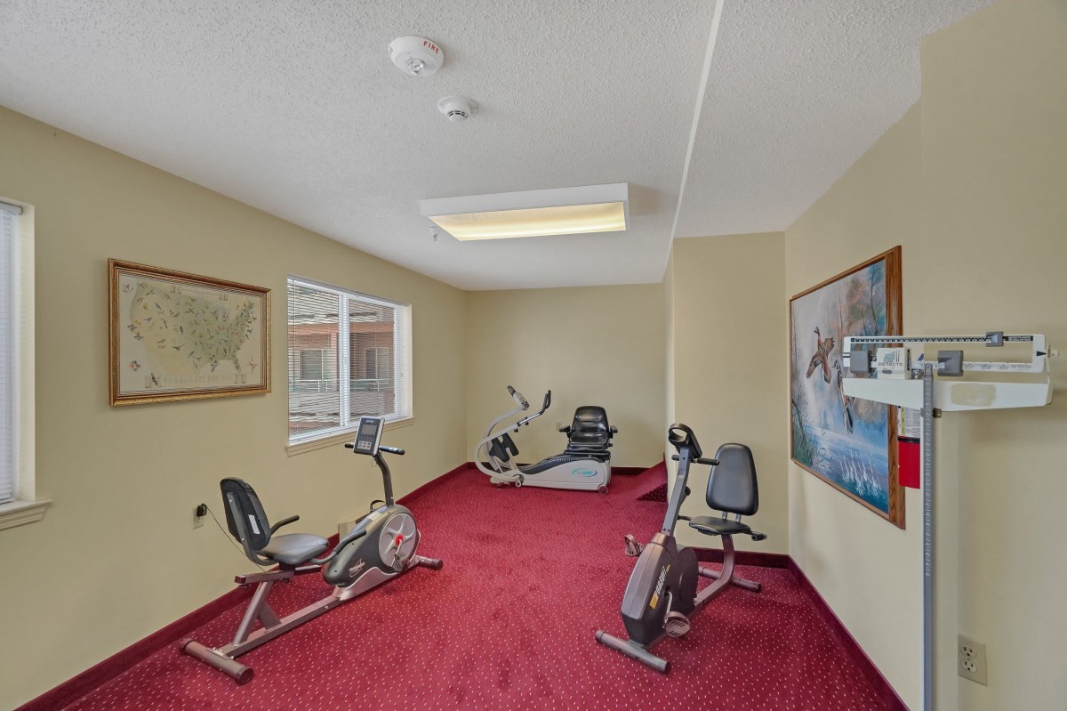 A small exercise room with stationary bikes and red carpeting.