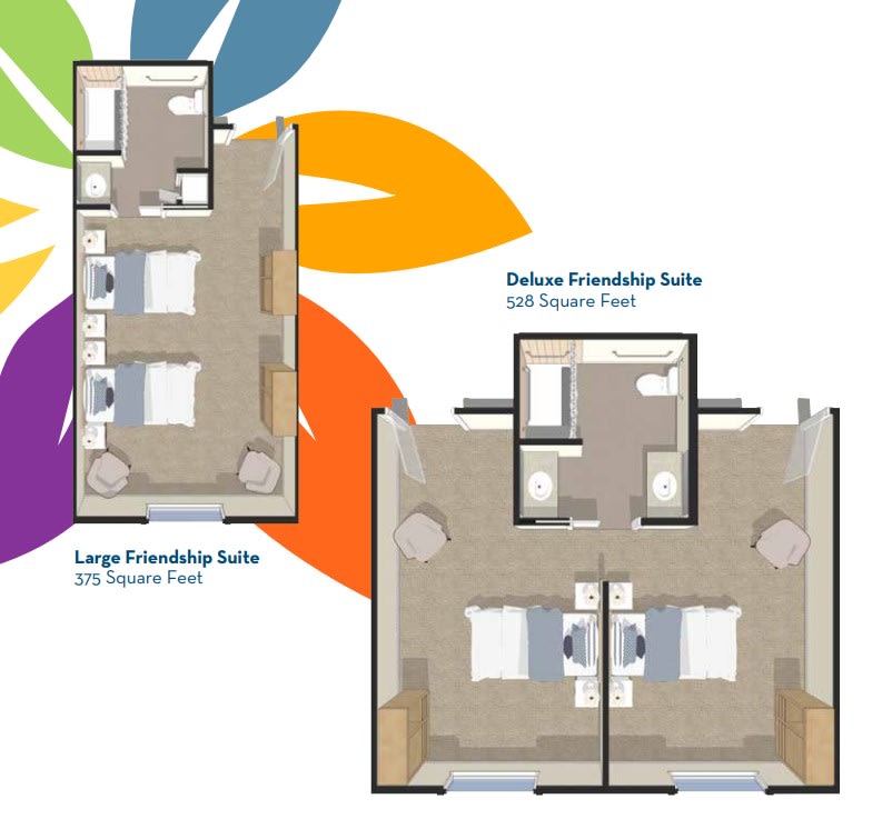 Floor plans of a large friendship suite and a deluxe friendship suite.
