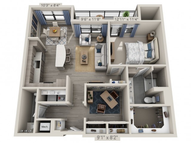 A modern 2-bedroom apartment floor plan with an open concept living area.