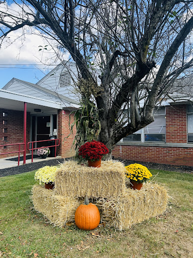 A charming autumn display featuring hay bales, colorful mums, and a pumpkin beneath a tree.