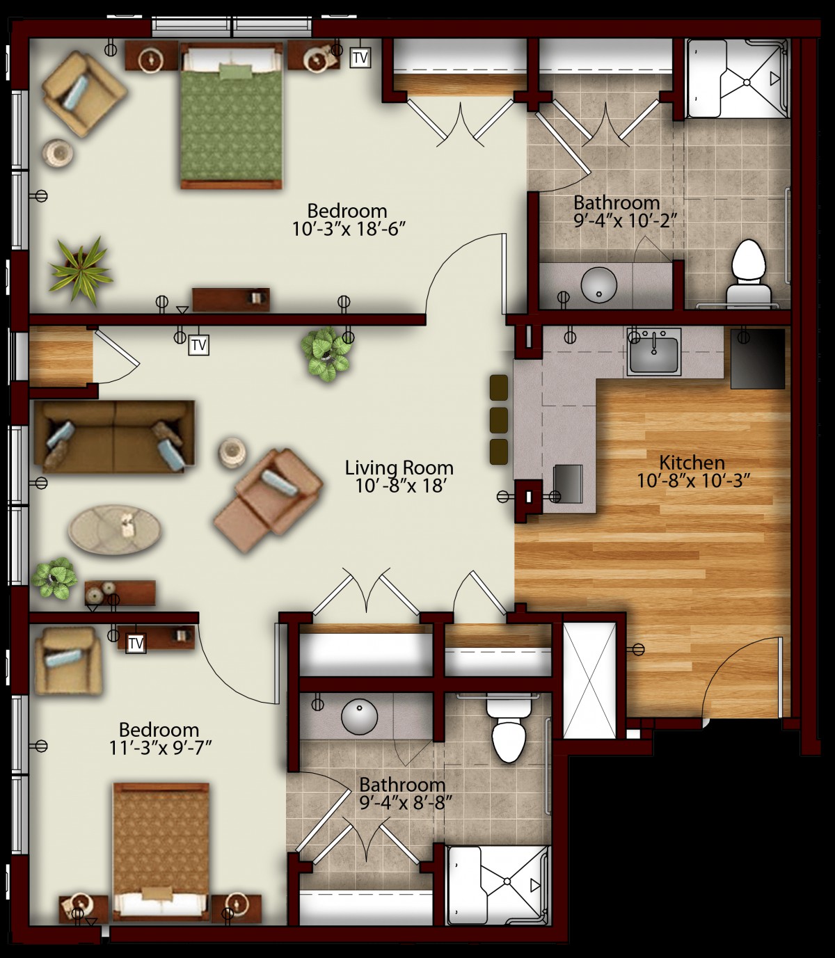 A floor plan of an apartment featuring three bedrooms, a living room, kitchen, and bathroom.