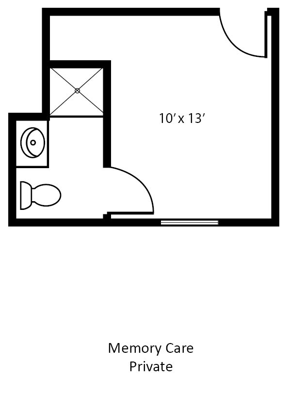 Memory Care Unit Floor Plan with a 10x13 room and attached bathroom.