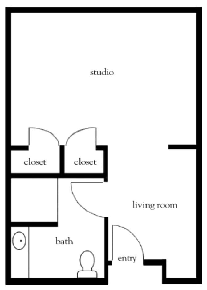 A simple floor plan of a studio apartment featuring a living room, bathroom, and two closets.